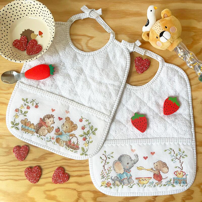 “‘Miam d'amour’ (Love of Deliciousness) — Set of 2 Bibs Cross-stitch kit designed by Véronique Enginger”