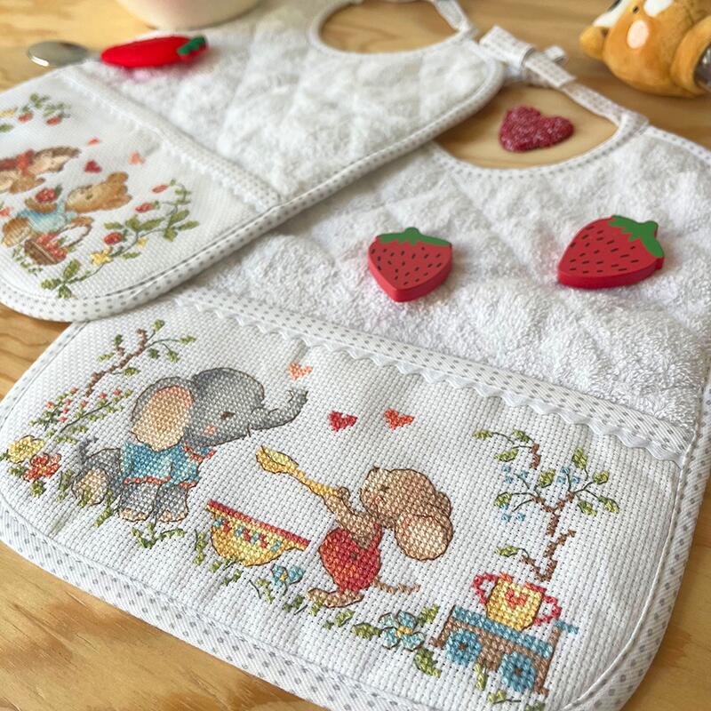 “‘Miam d'amour’ (Love of Deliciousness) — Set of 2 Bibs Cross-stitch kit designed by Véronique Enginger”