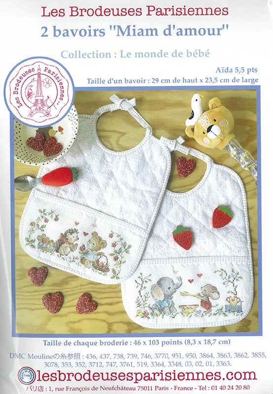 “‘Miam d'amour’ (Love of Deliciousness) — Set of 2 Bibs Cross-stitch kit designed by Véronique Enginger”