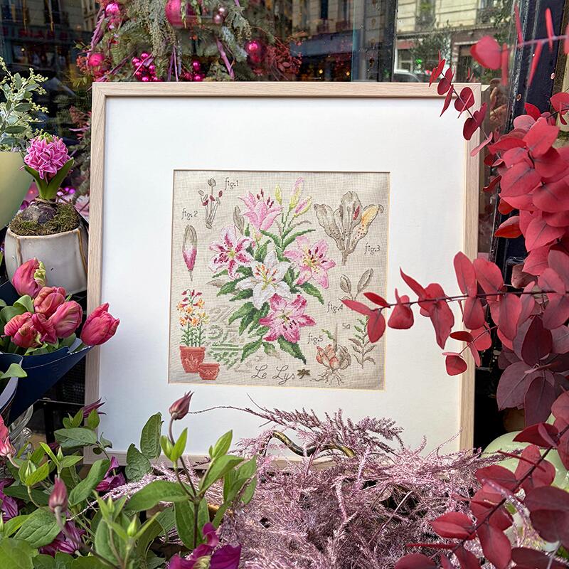 “Étude aux Lys” (Study of Lilies) Wall Hanging Floral Series Cross Stitch Kit designed by Véronique Enginger