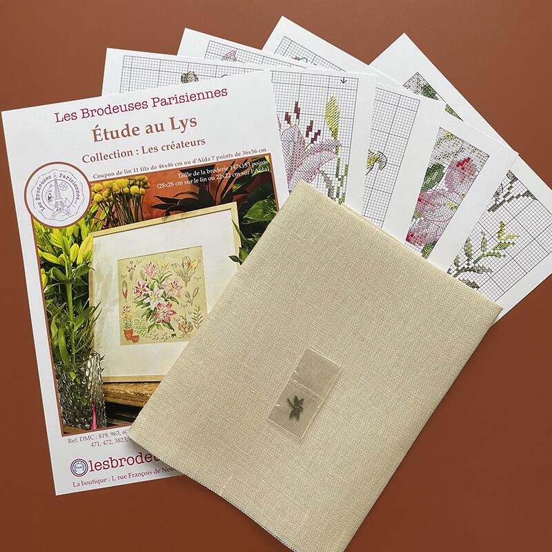 “Étude aux Lys” (Study of Lilies) Wall Hanging Floral Series Cross Stitch Kit designed by Véronique Enginger