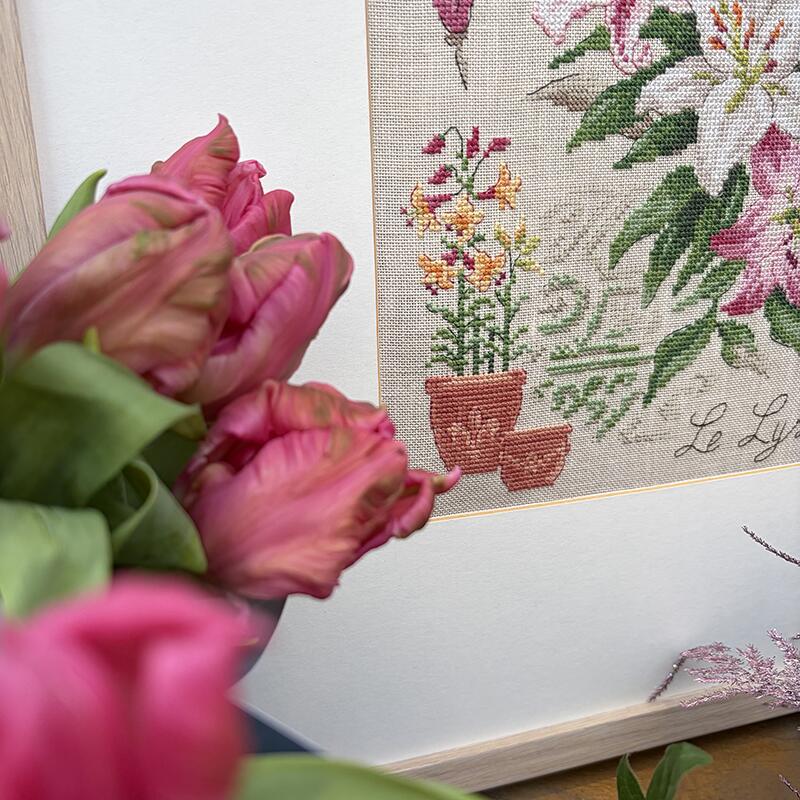 “Étude aux Lys” (Study of Lilies) Wall Hanging Floral Series Cross Stitch Kit designed by Véronique Enginger