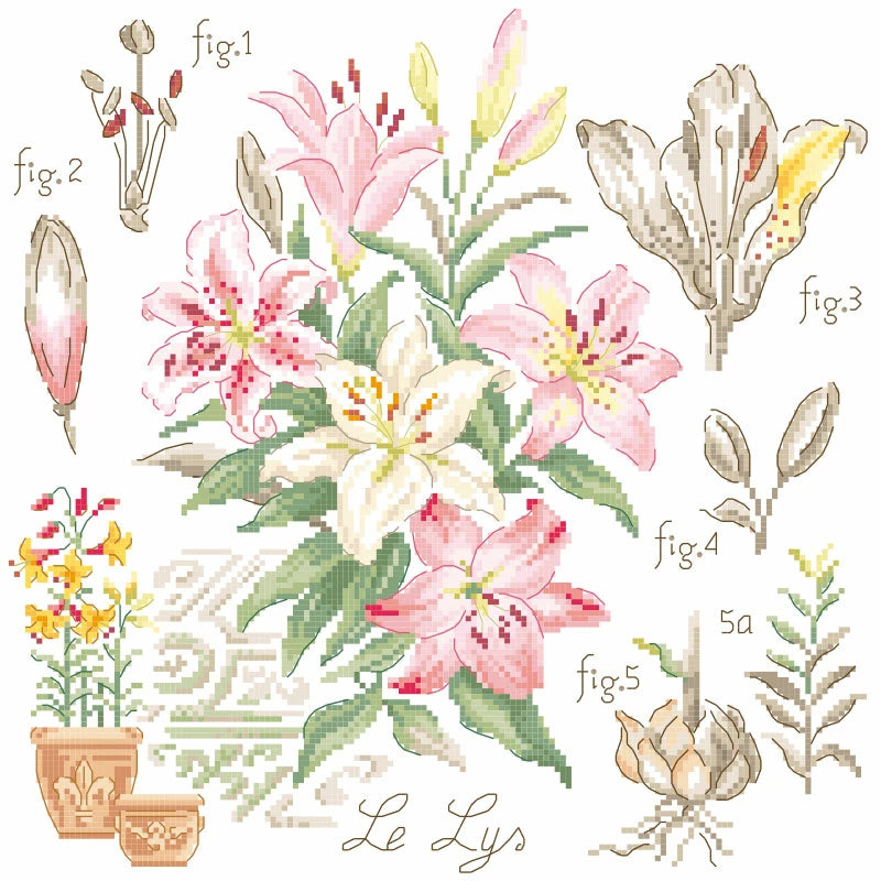 “Étude aux Lys” (Study of Lilies) Wall Hanging Floral Series Cross Stitch Kit designed by Véronique Enginger