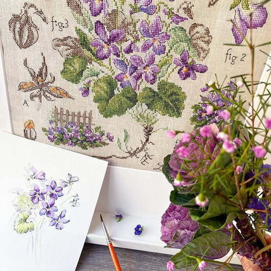“Étude à la Violette” (Study of Violet) Wall Hanging • Floral Series Designed by Véronique Enginger Cross Stitch Kit
