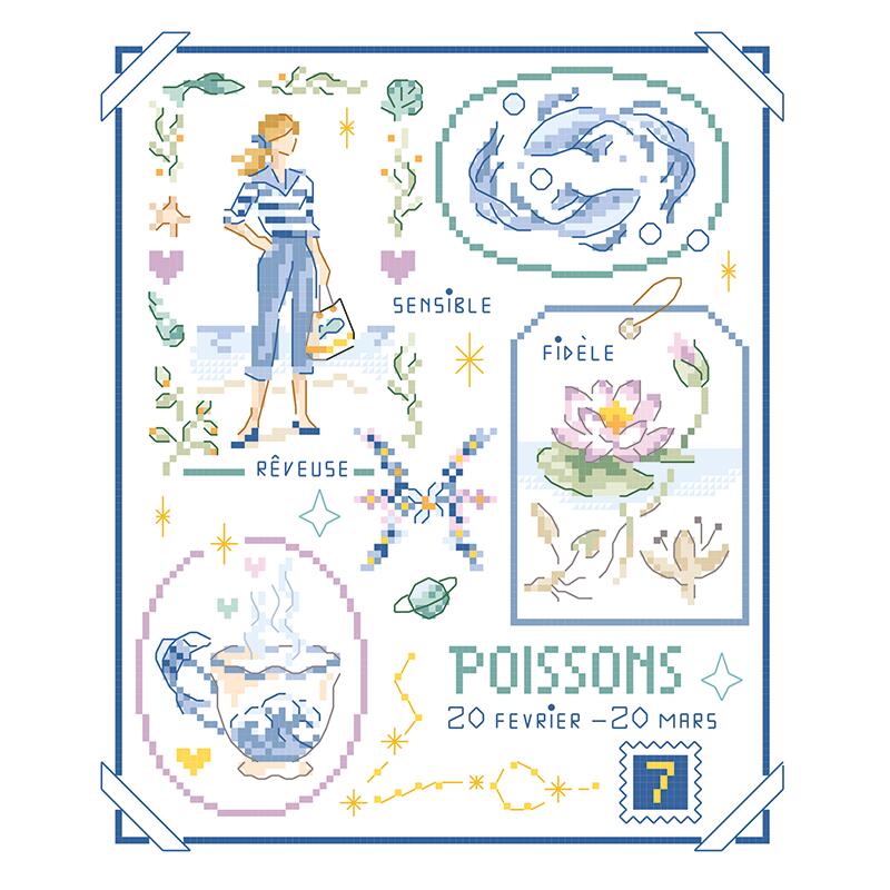 Signe du zodiaque『Poissons』(星座「うお座」) クロスステッチ図案 VERONIQUE ENGINGER(ヴェロニク・アンジャンジェ)デザイン