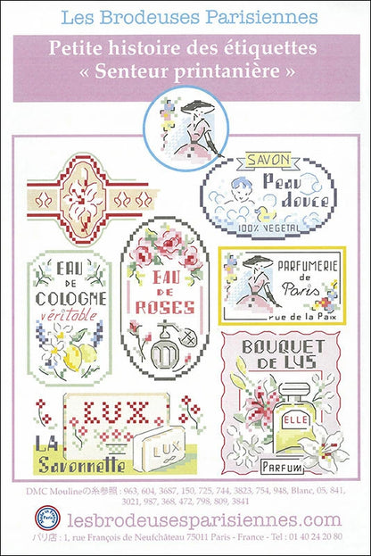 Petite histoire des étiquettes『Senteur printanière』 (ヴィンテージ石けん・香水ラベルの小さな物語「春の香り」) クロスステッチ図案 VERONIQUE ENGINGER(ヴェロニク・アンジャンジェ)デザイン